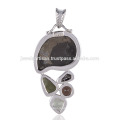 Pyarite Ammonite Smoky Meteorite Moldavite & Green Amethyst Silver Pendant